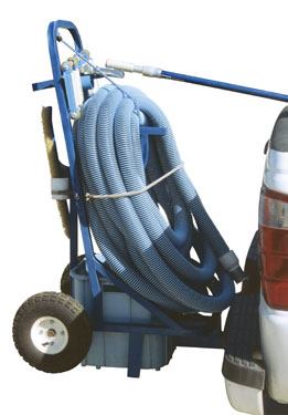 Upwardly mobile: A pool cart,

stocked with essential tools, can be towed behind a tech’s

truck and then wheeled directly to the job

site.