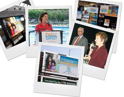 Clockwise from top left: A Public Service Announcement in a Washington, D.C., metro station; Inez Tenenbaum, chairwoman of the Consumer Product Safety Commission, addresses the crowd at a Pool Safely event in Houston over the summer; the CPSC’s booth at the International Pool | Spa | Patio Expo in Las Vegas in November; Kathleen Reilly, CPSC public affairs specialist, addresses the crowd during a press conference at the IPSPE as Bill Weber, CEO of the Association of Pool and Spa Professionals, looks on; a Spanish-language PSA billboard in Miami.