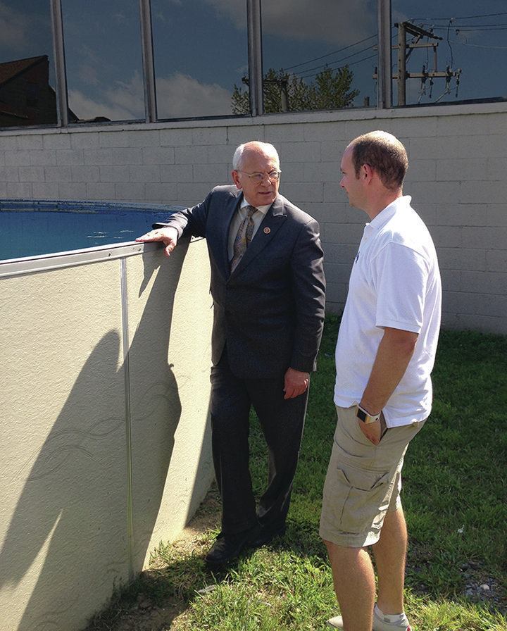 The grand tour: Congressman Paul Tonko checks out a Radiant pool with Collin Sirco, vice president of operations, on a recent tour of the company’s manufacturing facility in Albany, N.Y.