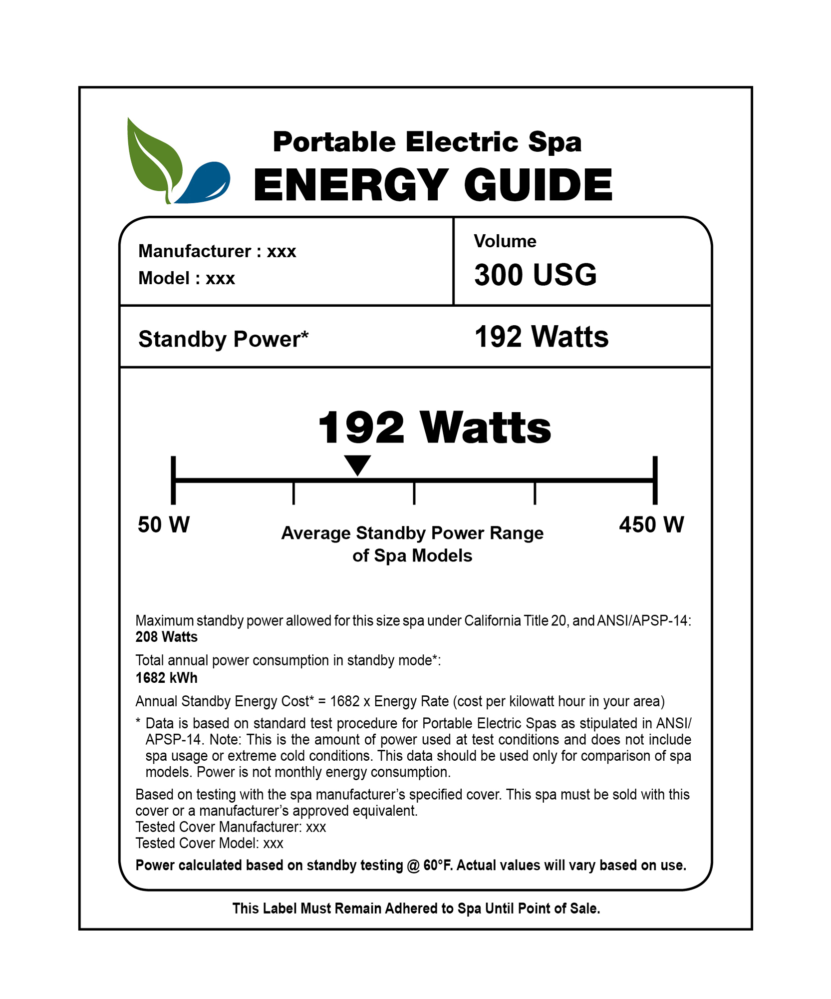 The 411 on labels: This sample label depicts the information that 
manufacturers will need to provide for their spas. The labels will 
indicate how an individual spa’s energy efficiency rate compares with 
all other spas. In the example shown, 192 watts falls in a range of 
power ratings.