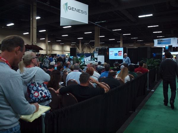 Show attendees taking in a class near the Genesis booth. There were a number of classes on and near the show floor at the International Pool Spa Patio Expo.