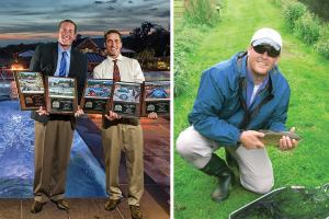 Winners: Matt and Andy Lusk (L-R) proudly hold their company's 2014 NESPA design awards. In photo on the right, Matt fishes on the River Test in England, known worldwide for its excellent trout fly fishing.