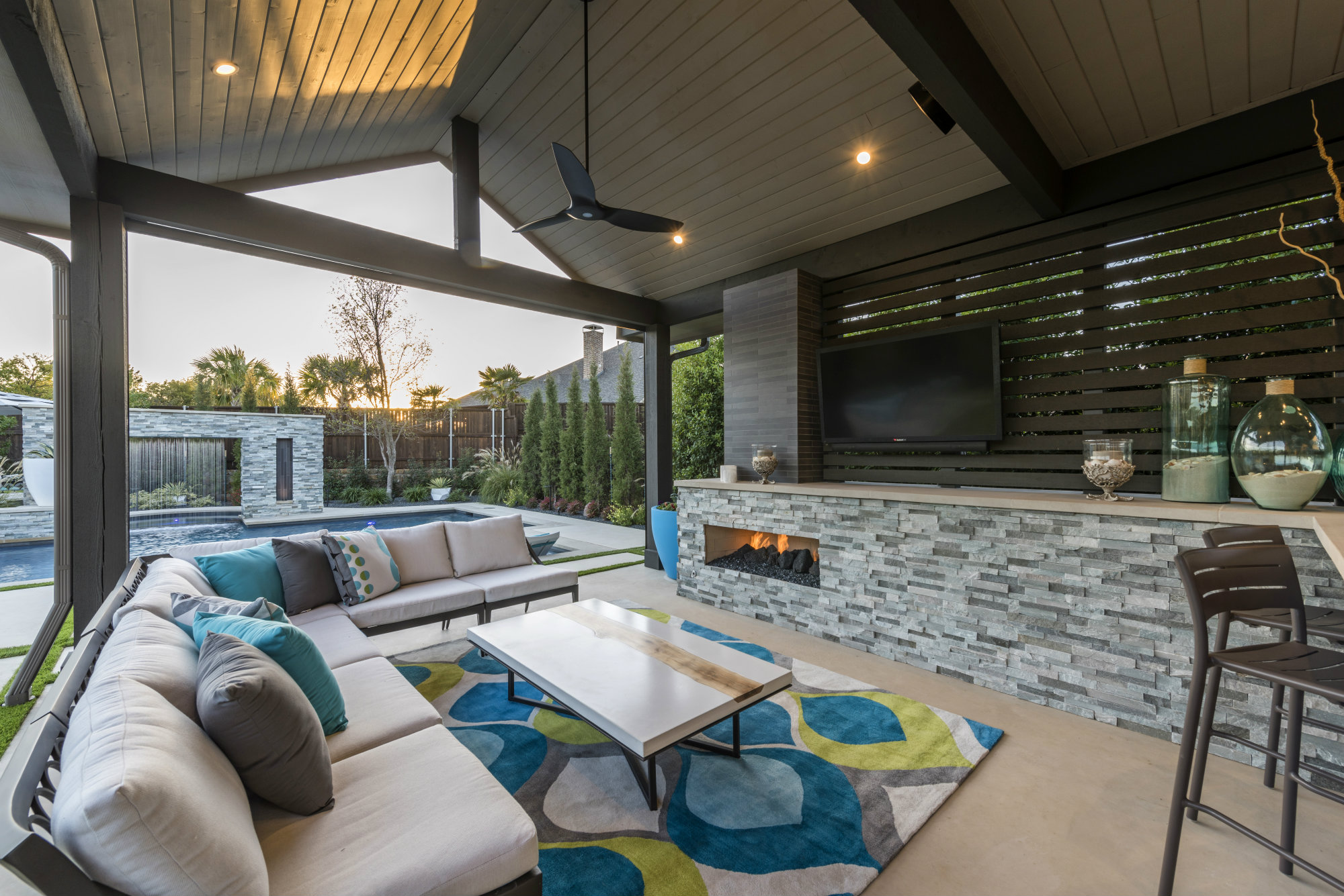 Pool and backyard by Randy Angell Designs, built by AquaTerra Outdoors, both in Plano, Texas.