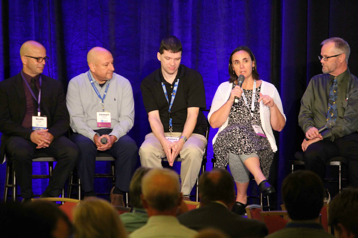 From left: Scott Bowron, sales representative, NCAquatics; Joseph Stefanyak, senior director, Jeff Ellis & Associates; Dr. James Amburgey, associate professor of civil and environmental engineering, University of North Carolina at Charlotte; Dr. Darla Goeres, associate research professor, Center for Biofilm Engineering, Montana State University; Dr. Michael Beach, associate director for Healthy Water, CDC’s National Center for Emerging Zoonotic Infectious Diseases.