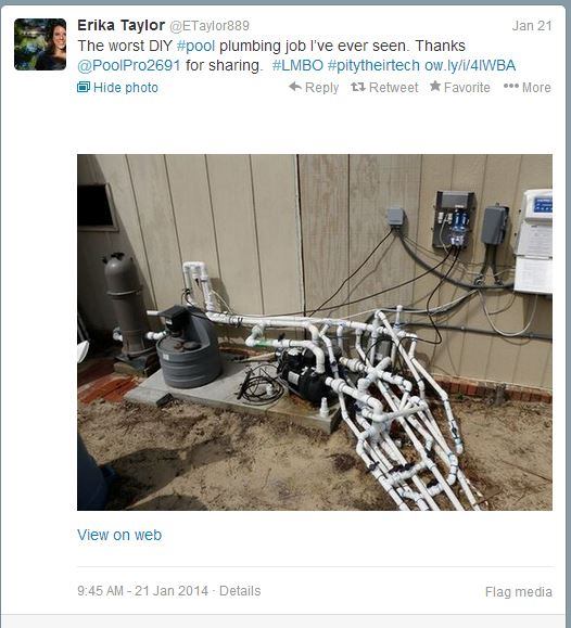 Believe it or not, this doozy retweeted by @poolspanews editorial director @ETaylor889 via @PoolPro2691 is not doctored! Have you ever encountered such an outlandish plumbing job in your travels? Better yet, did you take a photo of it? If so, share it on Twitter and be sure to include #PSNSocialService in your comment. #PSNSocialService