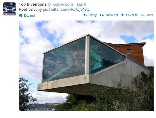 @TopInventions wows with this shot of a glass pool balcony. We wonder if this is real. How would one even begin to construct it? Equally awesome and scary. Would you swim in this? #PSNSocialSocial