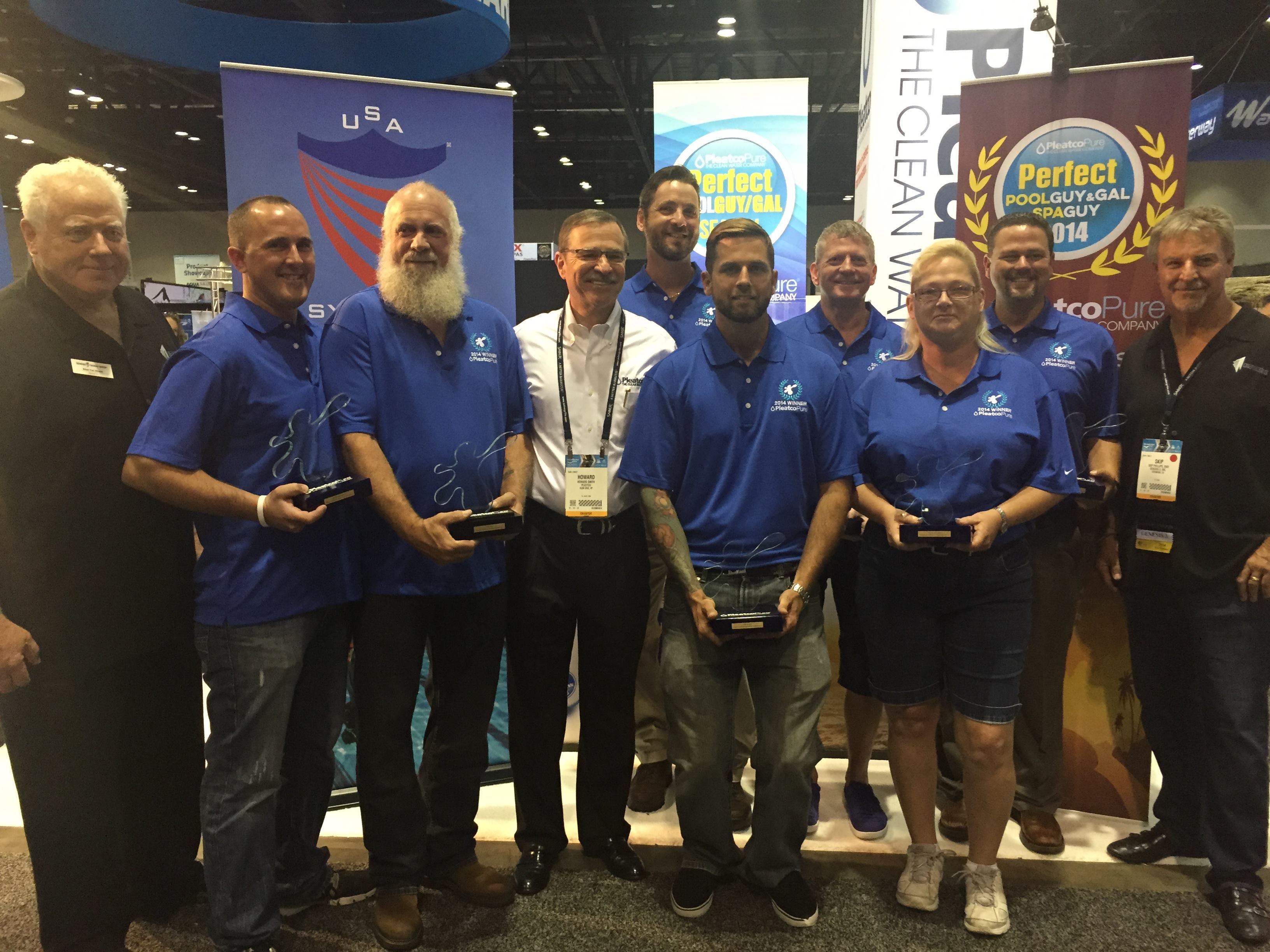12. Perfect Pool Guy/Gal Pleatco's official Perfect Pool Guy/Gal awards ceremony was held on Thursday, Nov. 6 at the company's booth. Pictured (l-r) are Brian Van Bower, Genesis 3; David Ragland, Big Heart Award; Gary Post, Lifetime Achievement Award; Howard Smith, Pleatco CEO; Gary Kaplan, Industry Leadership Award; Tom Sanger, Future Leadership Award; David Wright, Perfect Spa Guy; Tricia Manley, Perfect Pool Gal; Mark Mulder, Perfect Pool Guy; and Skip Phillips, Genesis 3.