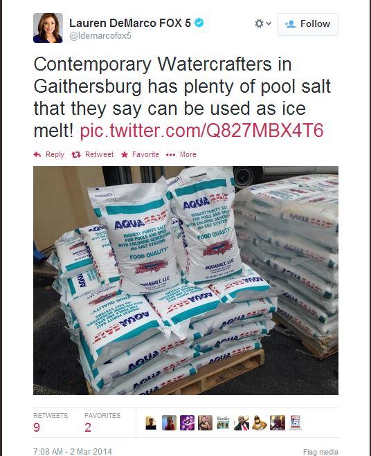 @ETaylor889 retweeted this shot originally posted by 
@ldemarcofox5, who somehow got wind of Contemporary Watercrafters' stash of pool salt that could be used to melt snow. And the folks living in the Gaithersburg, Md., region sure needed it after they winter they have had. #PSNSocialService