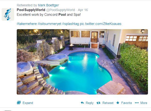It's always nice to receive a compliment, especially when it comes from a peer. And 
@PoolSupplyWorld doesn't hold back with this one, delivered publicly to Concord Pool & Spa. So we're returning the gesture with this shout-out. Thanks for setting a good example for the industry! Oh yeah, and nice work with #Splashtag. We like it. #PSNSocialService