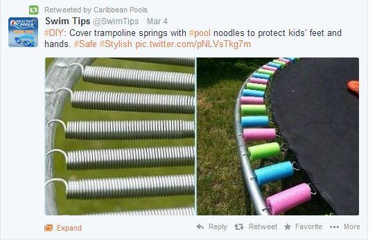 Lately, social media outlets have been abuzz with #lifehacks, but this one shared by 
@SwimTips hits home for us. How else would you protect the toes from getting pinched on a trampoline? What a great selling point to liquidate an overstock of pool noodles! #PSNSocialService