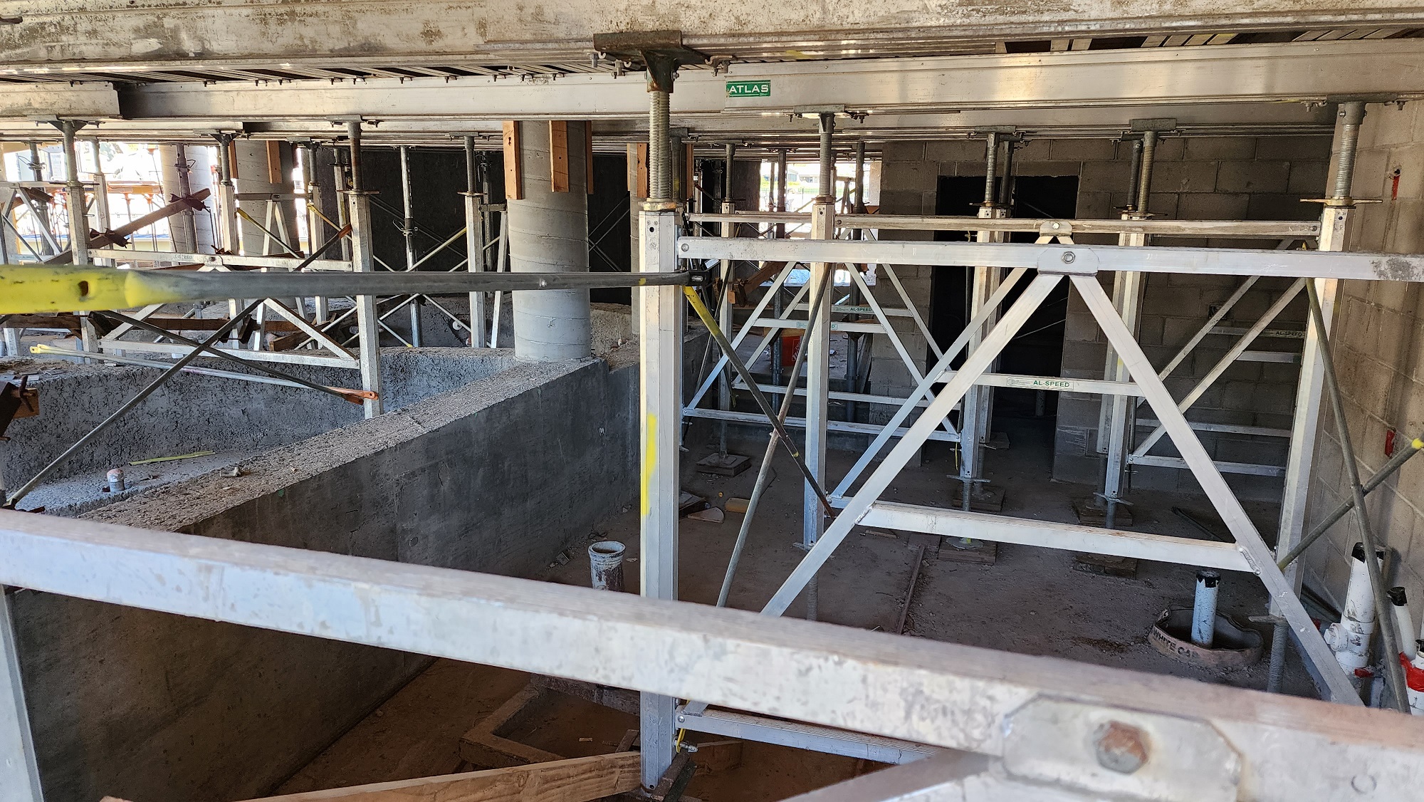 An intricate shoring system is used to support forms for the grotto deck.