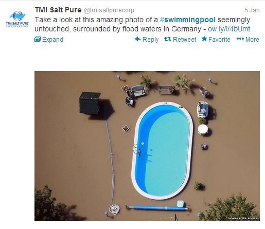 @tmisaltpurecorp shared this image on Twitter of a pool in Germany surrounded by what looks at first glance like perfectly smooth hardscape in a creamy chocolate color but sadly is muddy flood water. #PSNSocialService