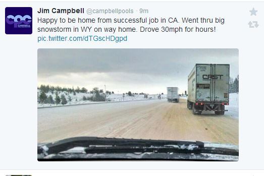 @Campbellpools drove from Lincoln, Nebraska, to California for a job and braved the harsh winter weather while driving back through Wyoming. Now that's dedication! They must have been happy to return home safely to their families, and a hot cup of cocoa (or Irish Coffee). #PSNSocialService