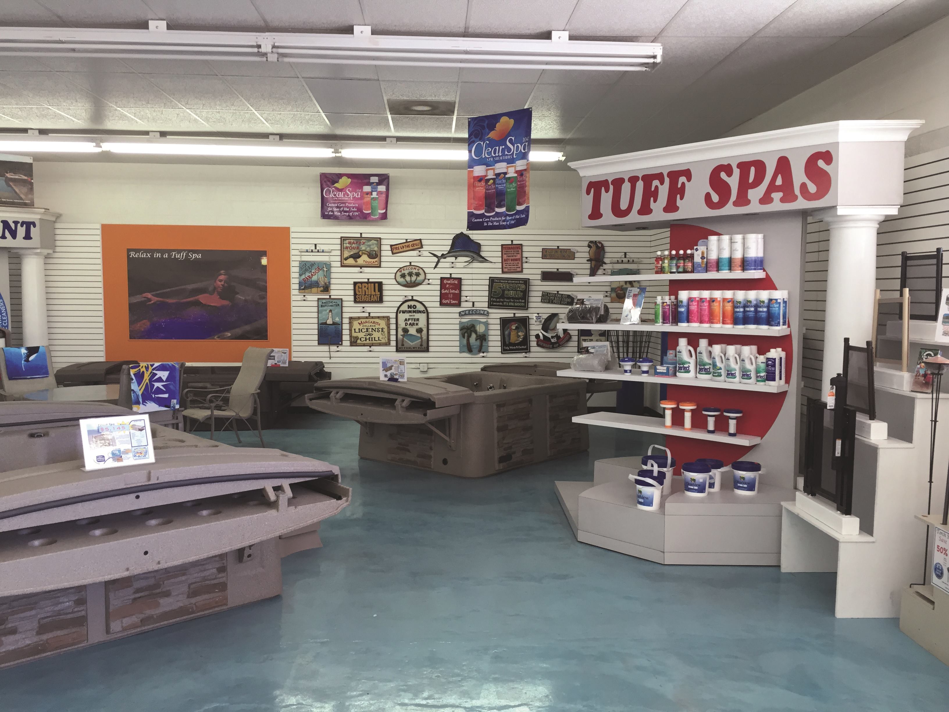 Spas were brought into display after the soft opening as part of the store's completion.