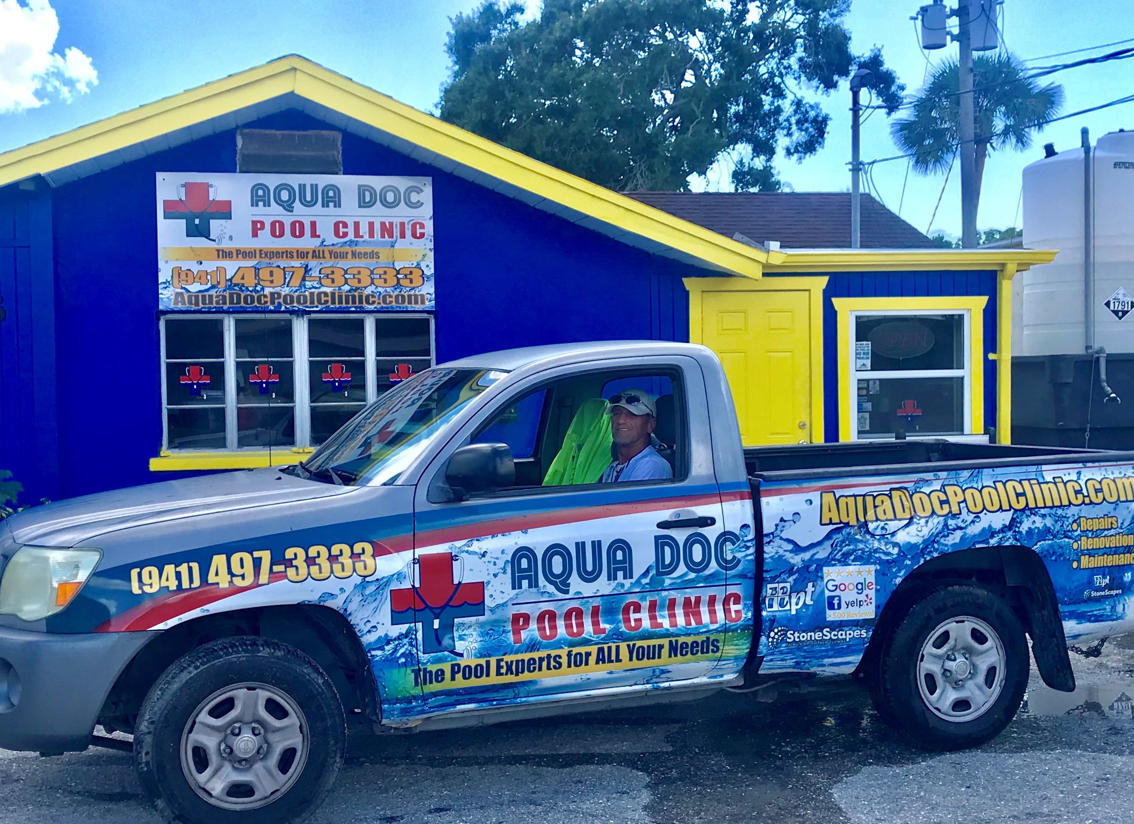 Splashy and flashy. The name and logo pop against an aqua-blue background. Extra points are given for the increasingly rare single-cab pickup. 