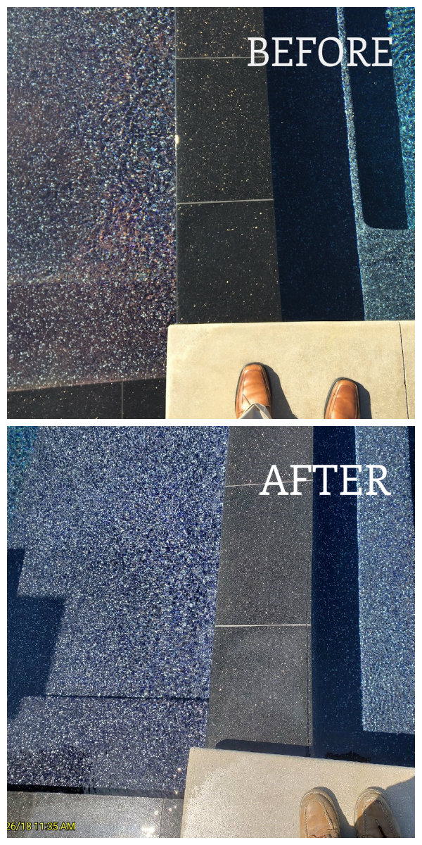 The top photo shows the discolored pebble finish (left side of the photo, on an entry bench). The blue cement binder had turned brick red. The lower image shows the finish after the water received a several-day-long treatment and brought the finish back to blue.