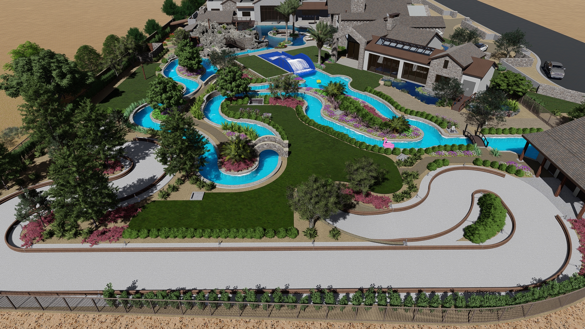 The exterior portion of the go-kart track can be seen in the foreground. 