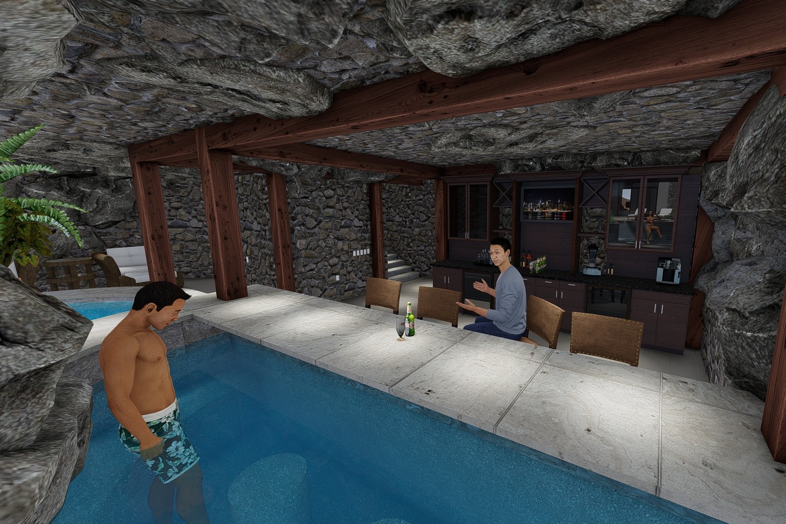 Part of the expansive cove under the rock waterfall.