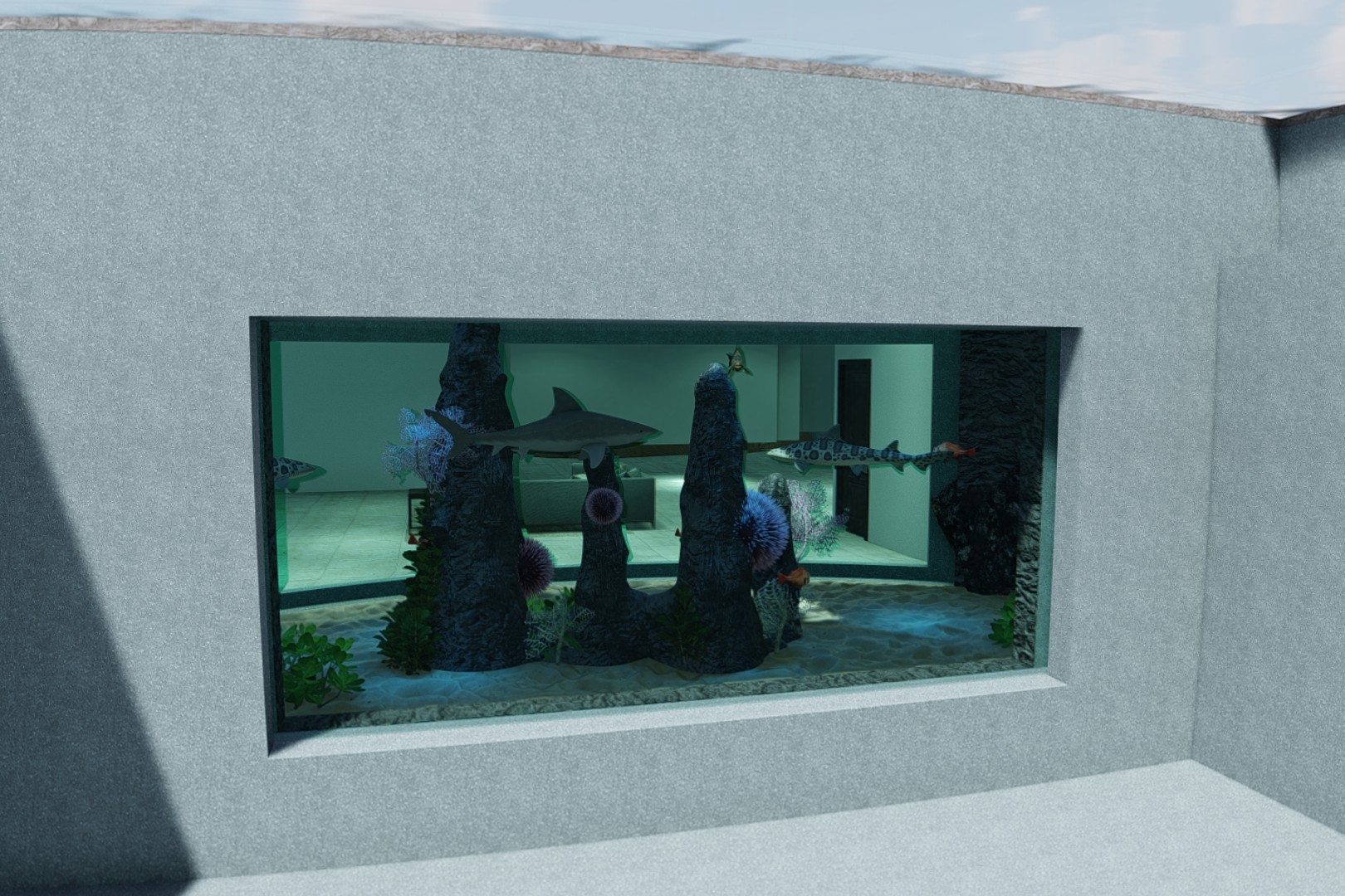 The shark tank as seen from inside the pool. (Rendering)