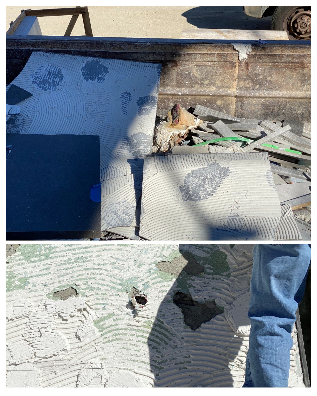 The original installers tried spot bonding these large-format tiles, placing dollops of extra thinset on the back in the hopes of promoting better adhesion. The high points on the thinset layer indicate where they placed the dollops. The spots with missing material show where the tiles came loose from the dollops.