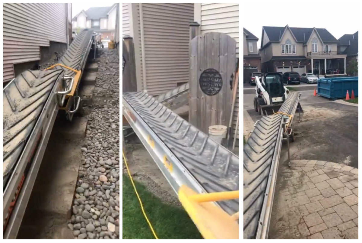 Vince Altieri of Multibobcat Services, uses this industrial conveyor belt system to transport dirt from the excavation. The belts link together and can fit where heavy equipment does not.