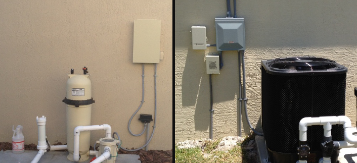 Pool transformer components organized in an enclosure (left) versus separately-mounted components (right).