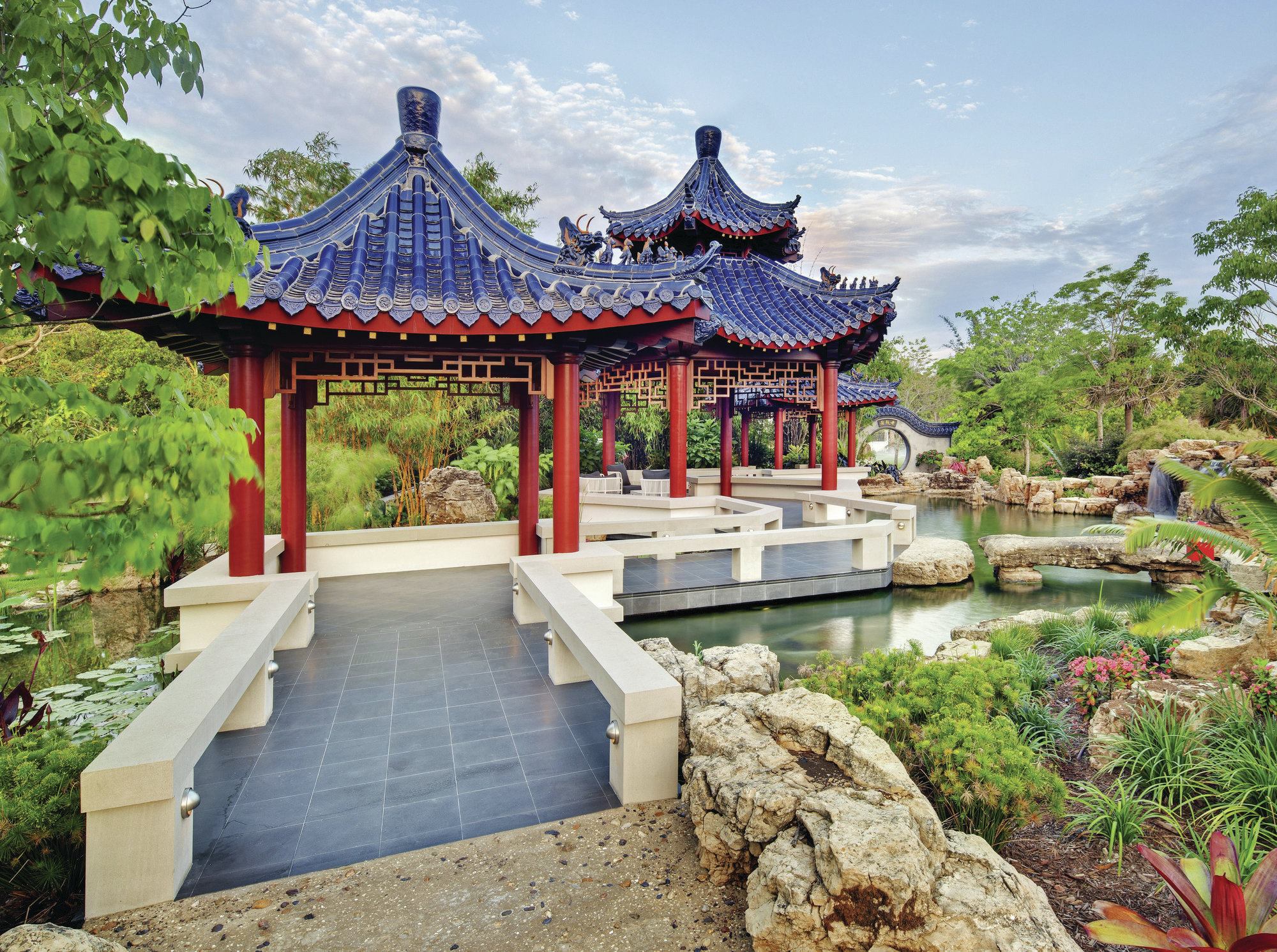 The designers planned a waterfeature with Chinese principals, incorporating other styles and local materials.