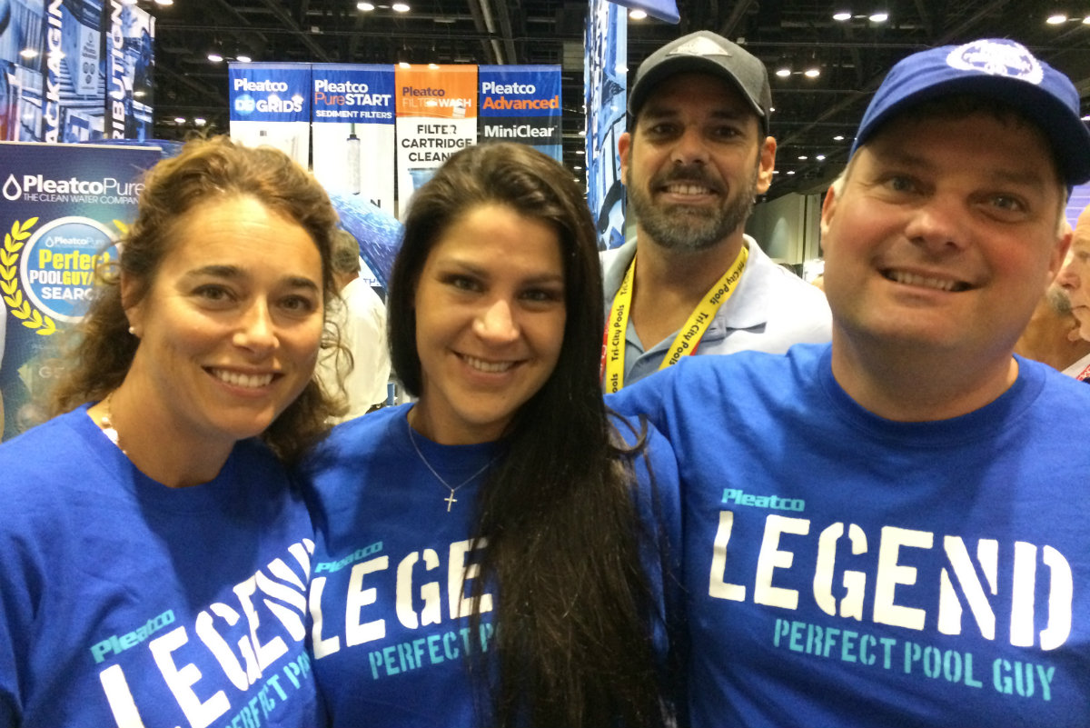 From left: Perfect Pool Gal 2016 Jennifer Del Vaglio of East End Pool King, Long Island; Perfect Pool Gal 2015 Jamie Gaumond of ValleySpa's Inc., Sevierville, Tenn.; Perfect Pool Guy 2016 Cory Eagles of Eagles Pool Services, New Brunswick, Canada; Perfect Pool Guy 2009 Gene Catrini of Tri-City Pools, Fort Meyers, Fla. These were just some of the alumni who attended this year's awards ceremony at the PSP Expo in Orlando. 