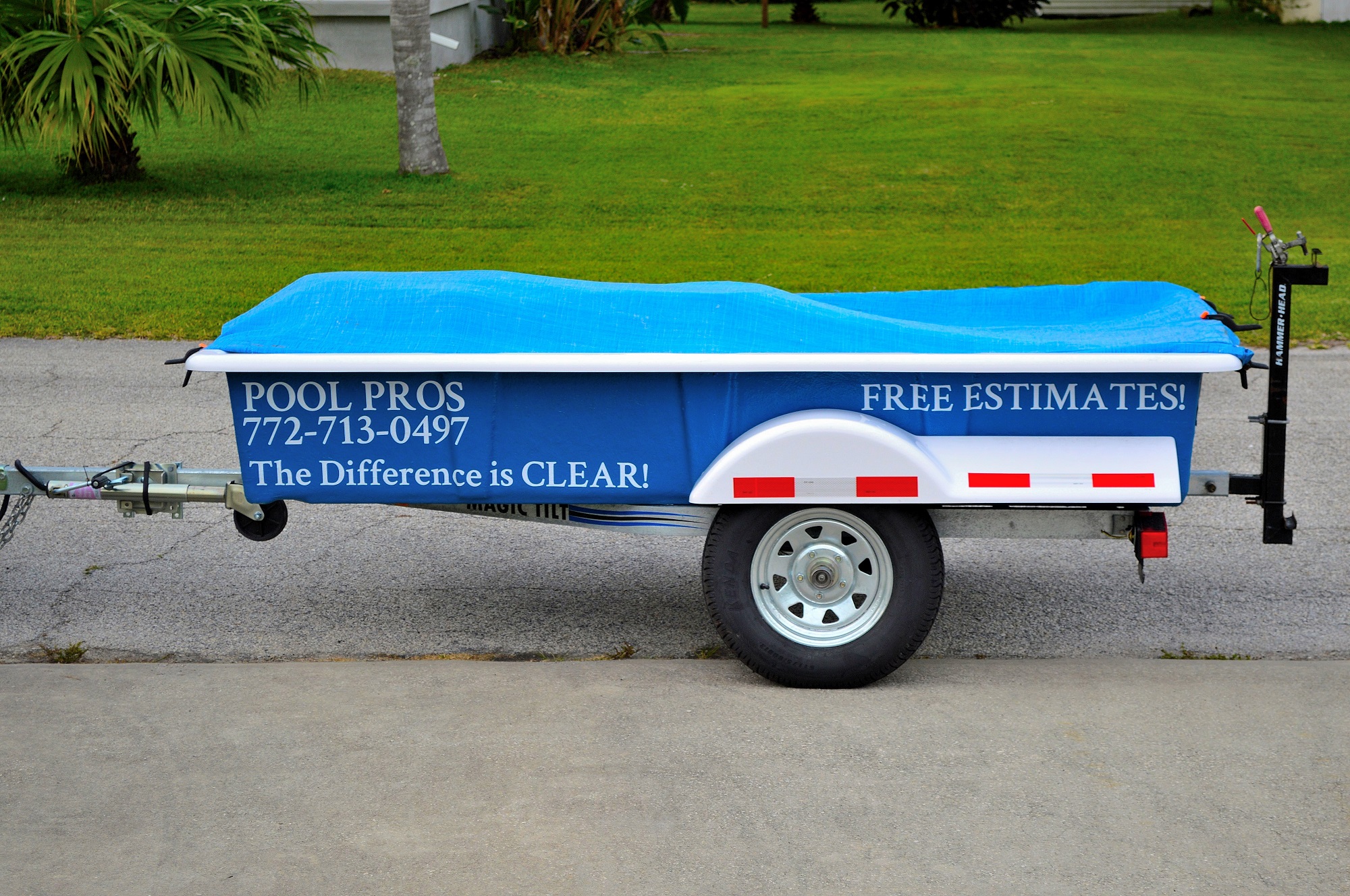 Matt Sviben, owner of Pool Pros serving east Florida, tows this jewel from Pool Mule, one of several companies designing trailers specifically designed for the trade. He makes good use of the added real estate by including his contact information on the sides.
