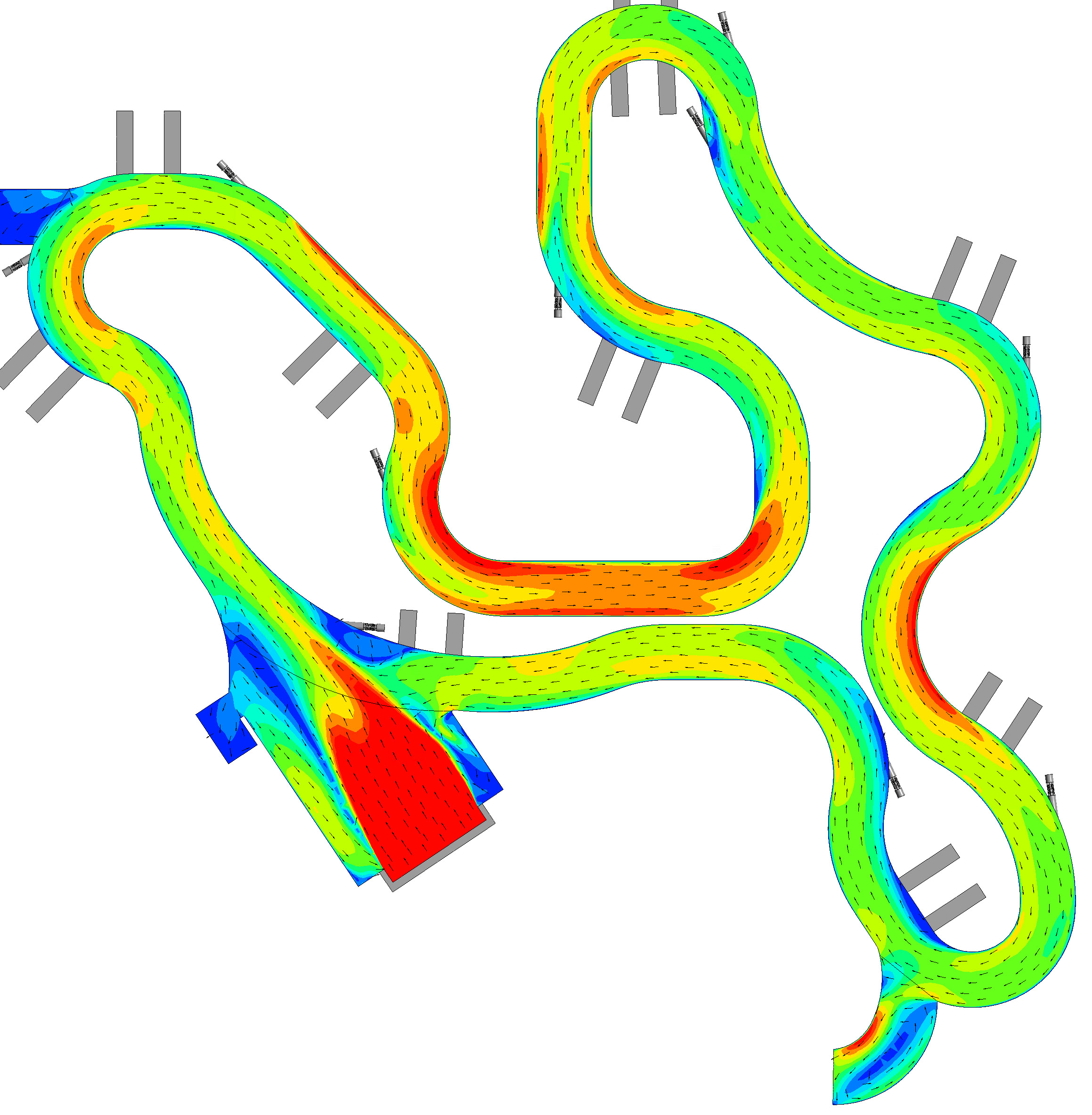 A Computational Fluid Dynamics analysis shows expected water speeds throughout the lazy river. Red is the fastest, at 4.5 to 5 feet per second. Yellow and orange are next fastest. In the dark blue areas the water barely moves, at 0 to 1 fps.