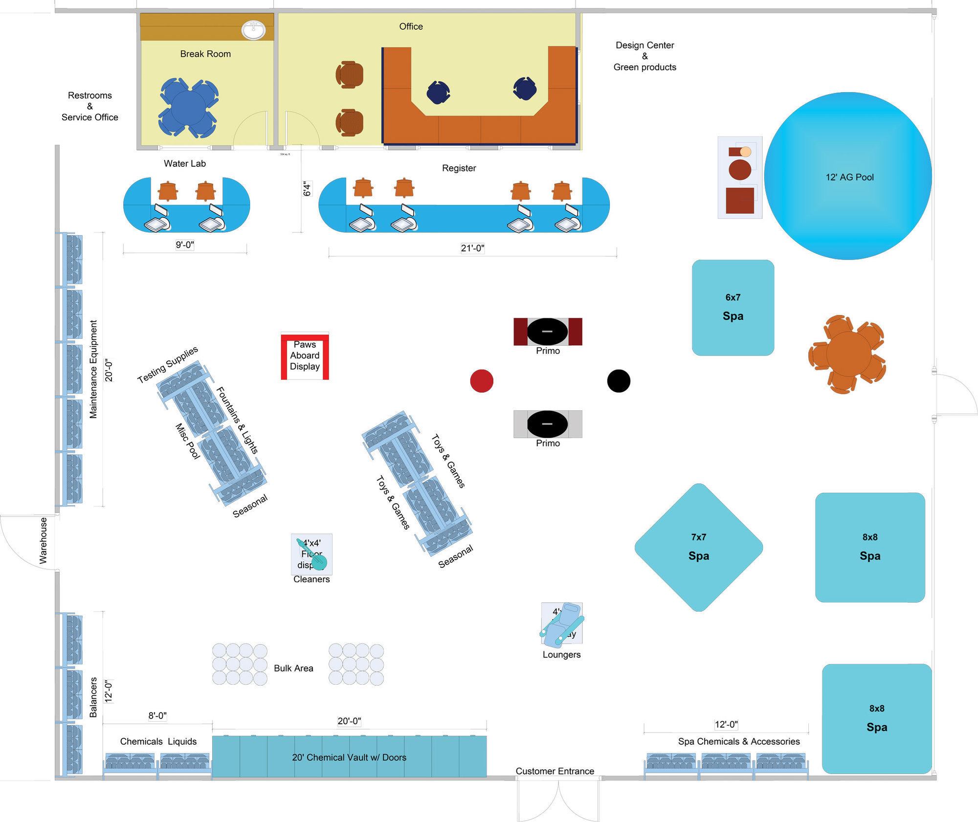 A bigger space: This floor plan shows an example of a store featuring both pool supplies and spas.