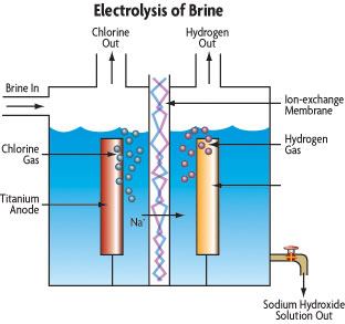 As salt water (brine)

passes into an ECG, chlorine gas is produced around the anode,

while hydrogen gas is produced near the cathode. Some ECGs may

contain several layers of cells, alternating between anodes and

cathodes.