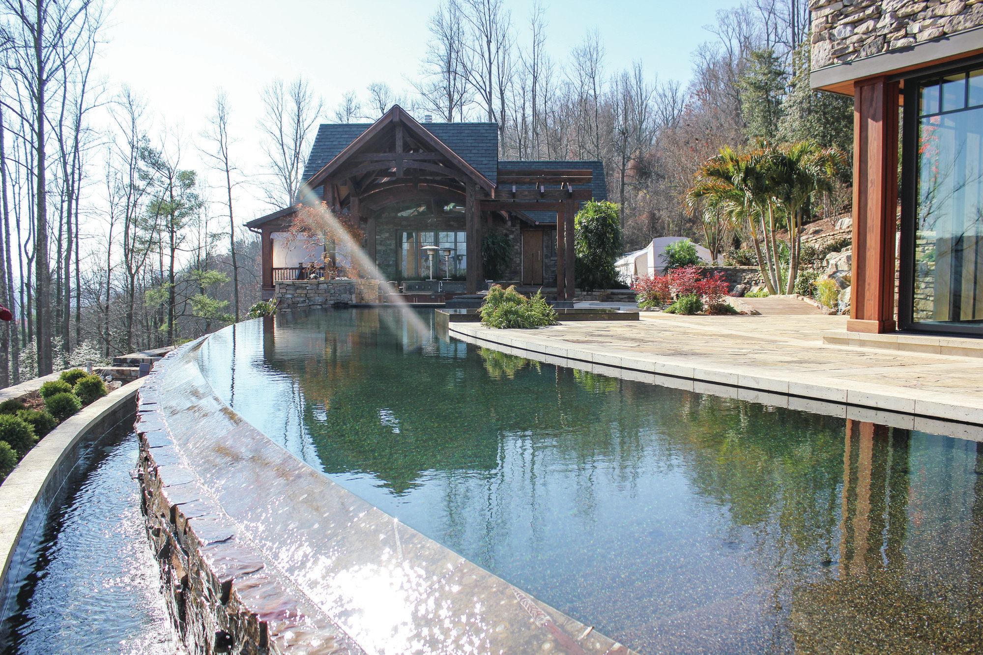 Dorsey wanted to make the pool look as full as possible, with very little freeboard — that dry space on the wall between the water’s surface and coping. To achieve this, he had a coping custom-made. Measuring only 1 inch deep where it sits over the bond beam, it is approximately 2-1/2 inches thick where it hangs over the water. This helps visually close the gap between coping and water.
