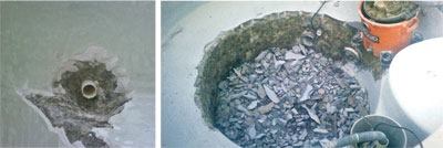 Crews removed

plaster surrounding an outlet, below left, to allow proper

integration of the new material. Because spa footwells have so many

penetrations, some professionals just chip out the entire area,

below right.