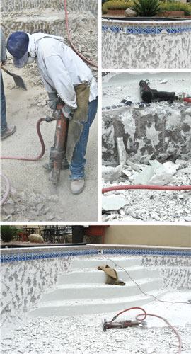 When doing

floor work, crews can use larger equipment and don’t have to

chip at as steep an angle, above left. Walls must be done a little

more delicately, with smaller jackhammers and held at steeper

angles so the material peels off with greater control. This also

protects the tile, which could shatter under the pressure of

stronger equipment.