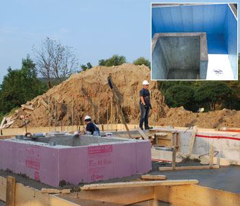 The flatter option:

Above, extruded polystyrene panels are used to insulate the outside

of a “chill pool,” which must always remain at cooler

temperatures. Because they are flat and fairly unyielding, they

make most sense in rectilinear applications, such as geometric

pools and spas, at right.