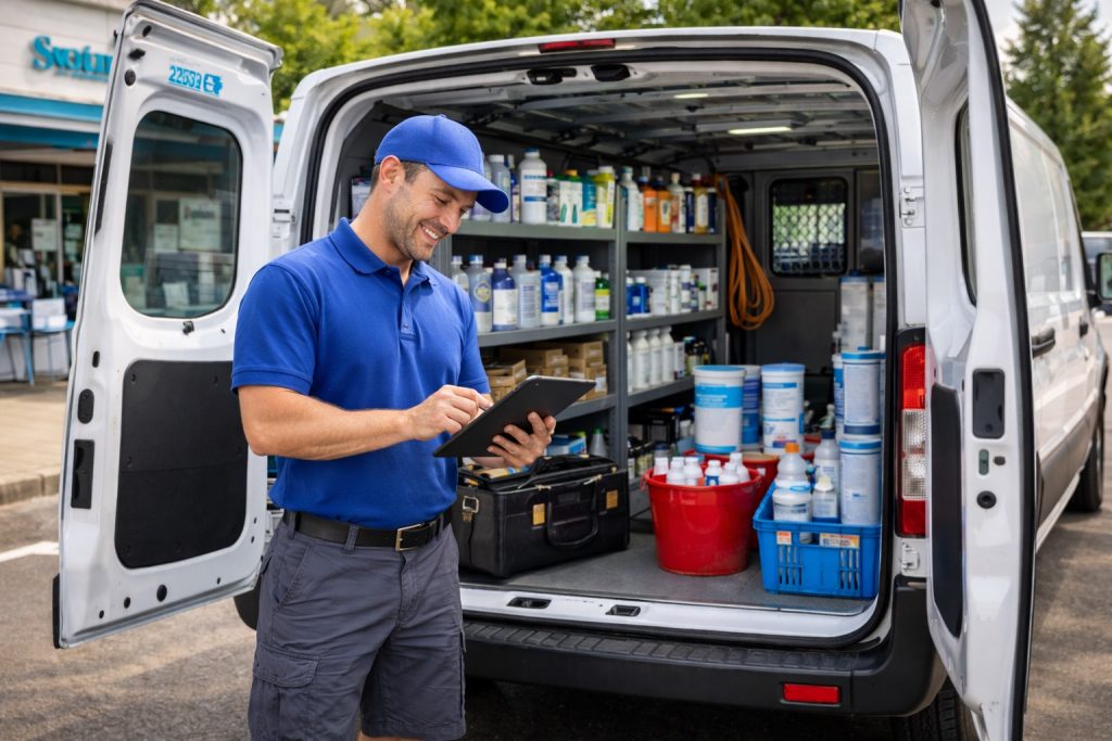 A man uses a tablet behind the open rear doors of a white van, filled with bottles of pool chemicals.