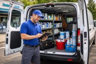 A man uses a tablet behind the open rear doors of a white van, filled with bottles of pool chemicals.