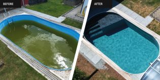 Before and after image of a pool. In the before, the water is green. In the after it's clear.