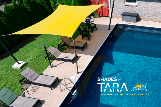 Poolside lounge chairs covered with a yellow shader.